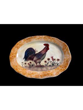 Vtg hand painted Rooster Folk Art Oval Ceramic Serving Platter Rustic Fatmhouse